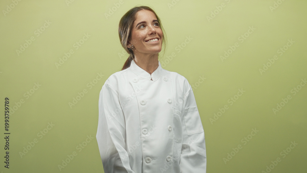 Fototapeta premium Young hispanic woman chef smiling with face visible and hands clasped, wearing white chef coat in studio against green wall; confidence culinary craft.
