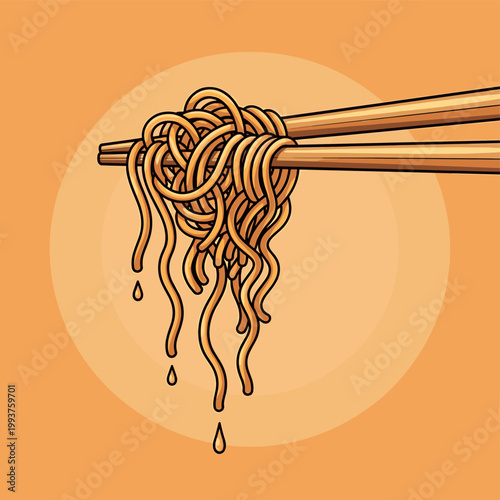 A close-up illustration of a bundle of noodles being held by chopsticks.