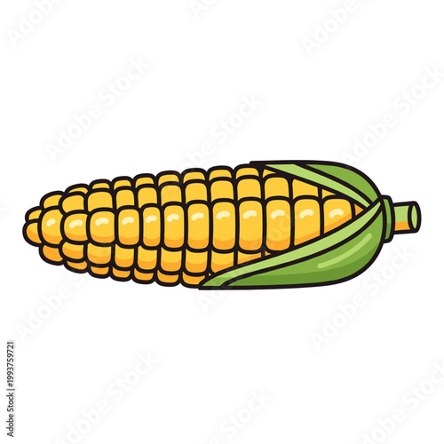 A cartoon illustration of a ripe ear of corn with yellow kernels and green husks.