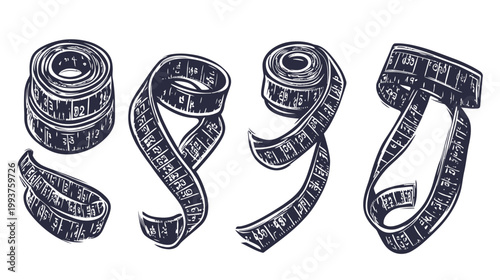Four stylized illustrations of measuring tapes in ink. Curled, looped, and arranged. White background