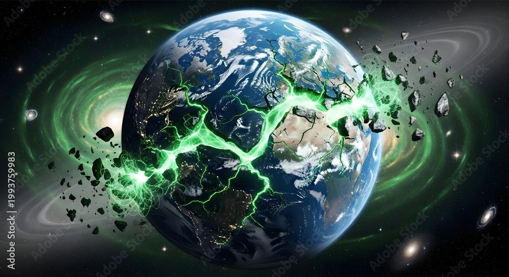 Fototapeta premium Earth exploding with green energy and debris in outer space