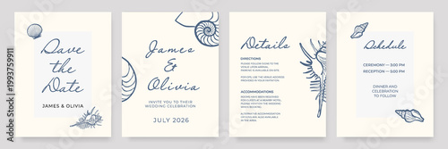 Minimalist beach wedding stationery set with blue seashell drawings, save the date, invitation and details cards