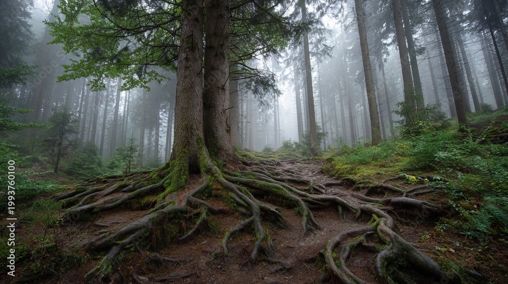 Obraz premium Tree's roots twist in a misty woods.