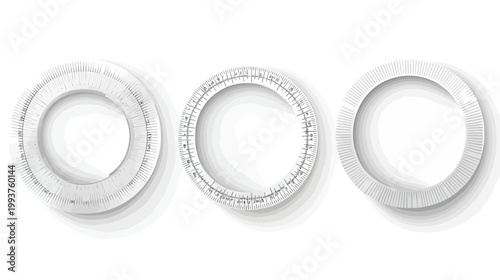 Three abstract white dimensional rings with varying details on a solid white background