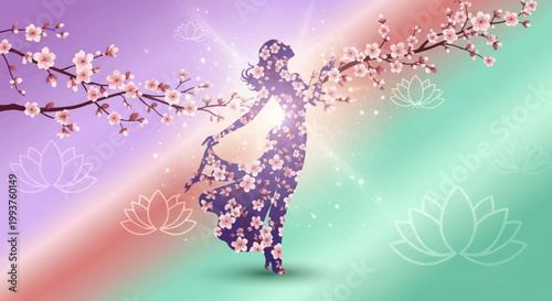 Woman under blooming cherry blossom tree.