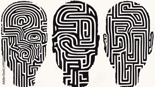 Three abstract human heads are shaped as mazes in a monochromatic style, surreal and artistic