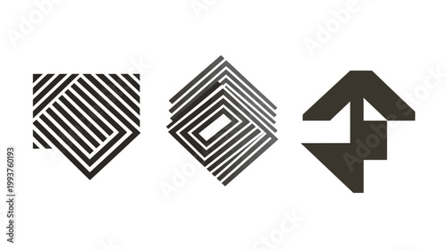 Three geometric shapes, varying in design and construction, set against a stark white backdrop