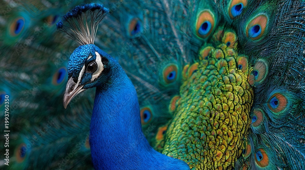 Obraz premium Male peacock shows off bright feathers in Lincoln, Nebraska.