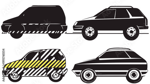 Four stylized illustrations of automobiles with varying detailing and color fills