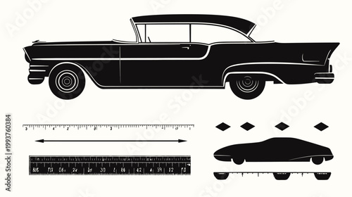 Silhouetted illustration of a classic automobile with graphic design elements and measuring tools