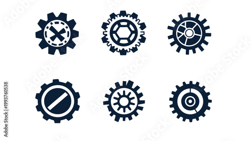 Six unique, dark blue gear icons with varying internal designs on a white background