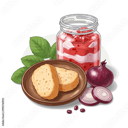 A jar of homemade strawberry jam with fresh basil, sliced red onion, and toasted bread slices on a wooden plate.