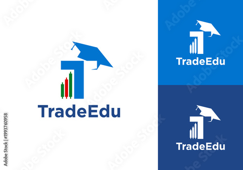 Simple and creative logo design vector of abstract graduation cap with candlestick and initial T. trading, finance, stock icon logo design.