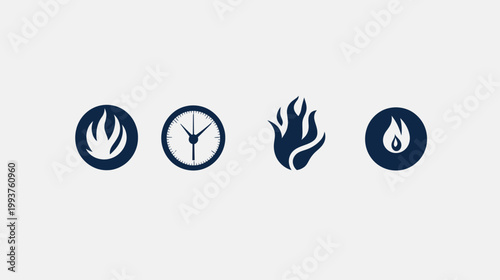Four dark navy icons against a light gray background fire, clock, flames, and a circle fire