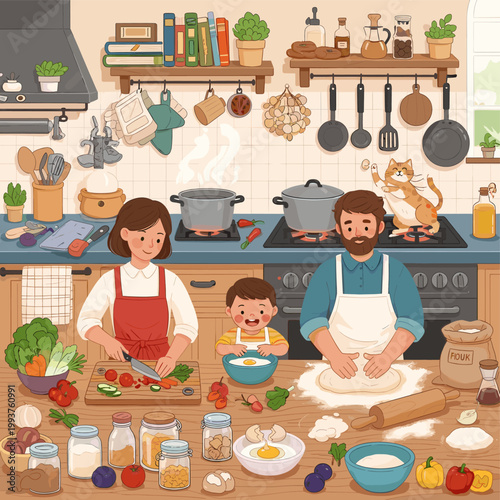 A happy family cooking and baking together in a cozy, well-equipped kitchen with a playful cat on the counter.
