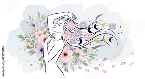 Woman with long hair and flowers.