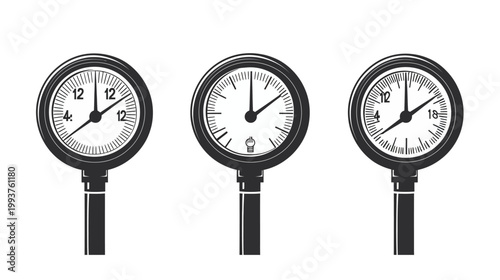 Black and white illustration of three circular pressure gauges displaying various time representations