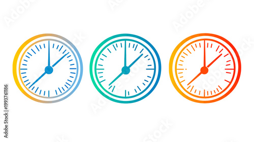 Three gradient-filled clock icons with contrasting colors blue, green, and red-orange on white