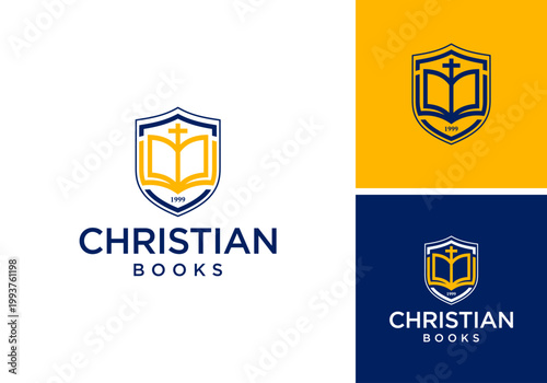 Christian book and cross icon logo design vector, church and Christian education logo.