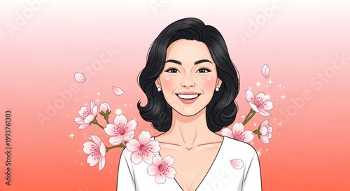 Smiling Asian woman with cherry blossoms.