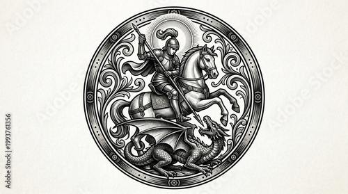 Saint George Dragon Slayer Engraved Emblem – Black and White Medieval Knight Crest with Ornamental Detail