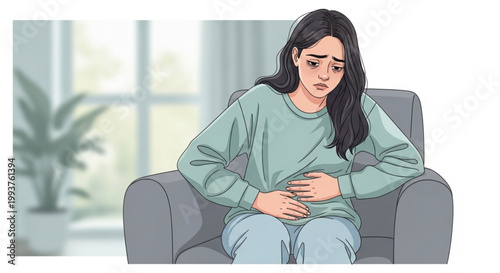 Woman experiencing stomach pain at home.