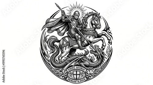 Saint George and Dragon Detailed Black and White Engraving Emblem in Vintage Medieval Style