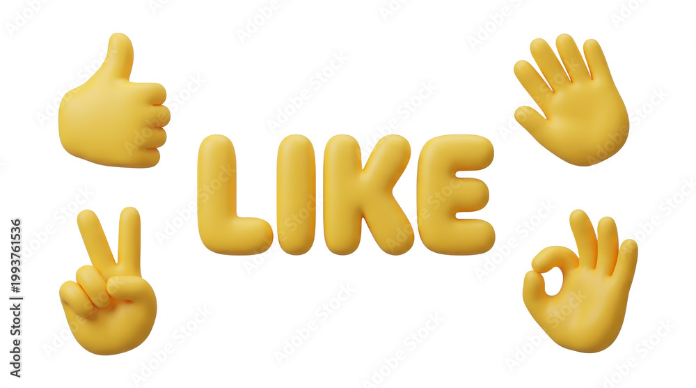 Fototapeta premium Yellow 3D cartoon hand gestures with like text including thumbs up and peace sign