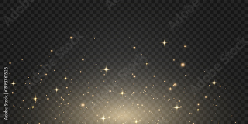 Sparkling gold glitter dust overlay. Realistic light particles, magical golden pollen and shining sequins on transparent background.