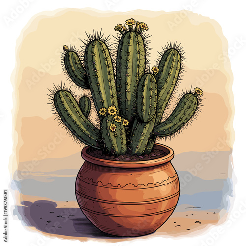 A vibrant watercolor illustration of a large green potted cactus with yellow flowers in a terracotta pot against a soft desert background.