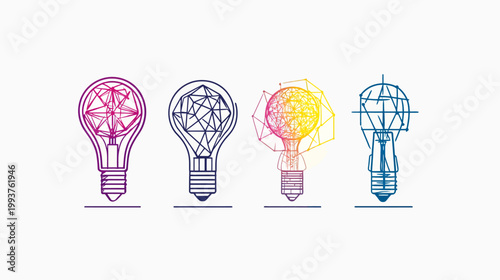 Four stylized light bulbs, each with a different geometric internal structure, and a gradient color scheme