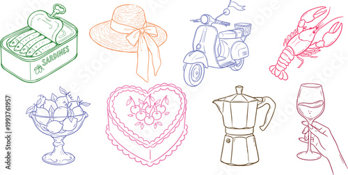 Italian  Set with Sardines, Scooter, Moka Pot, and Lemons, la dolce vita style,  line art Artwork 