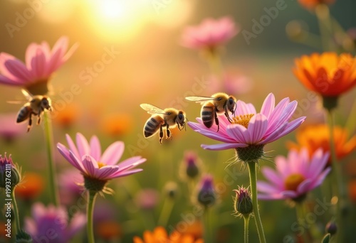 Bountiful Wildflower Meadow Teeming with Energetic Bees in a Sunny Summer Day
