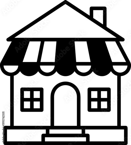 Storefront icon design with a house silhouette and awning on a simple background
