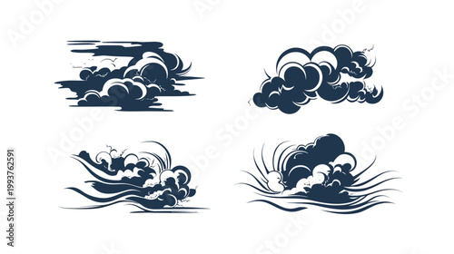 Collection of stylized weather illustrations clouds and waves, in monochrome blue against white