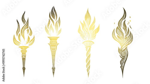 Four stylized golden torch illustrations with varying designs and flame shapes against white backdrop