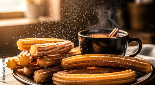 Delicious churros dusted with powdered sugar, served alongside a steaming cup of hot chocolate.