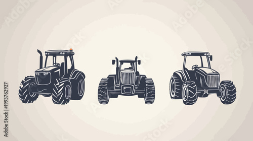 Three stylized tractors, dark blue against a light beige background, arranged in a row