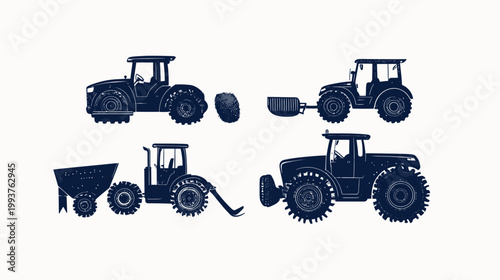 Silhouetted illustration of various tractors in a minimalist style, ideal for farming concepts