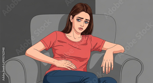 woman sitting on couch with stomach pain.