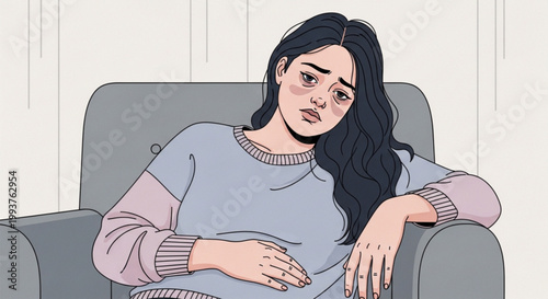 Pregnant woman sitting on gray sofa.