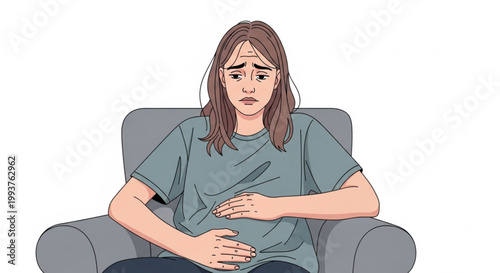 Woman experiencing stomach pain or discomfort.