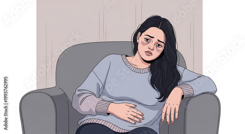 Woman sitting on sofa with stomach pain.