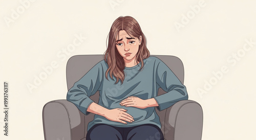 Woman sitting on chair with stomach pain.