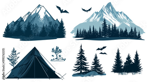 Collection of illustrations of mountains, forests, bats and a tent in a monochromatic style