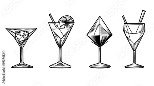 A monochrome illustration showcasing four stylized martini glasses in a minimalist geometric style