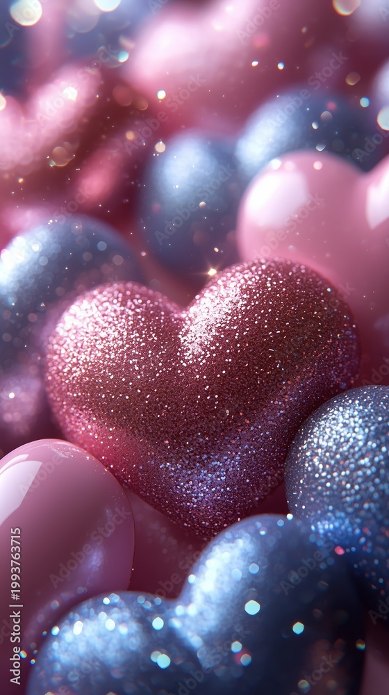 Fototapeta premium Shiny red and white heart candies flying in soft bokeh, festive romantic dessert illustration for Valentine marketing and branding