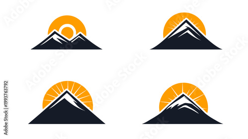 Four stylized mountain logos with rising or setting sun. Each differs in mountain or sun details