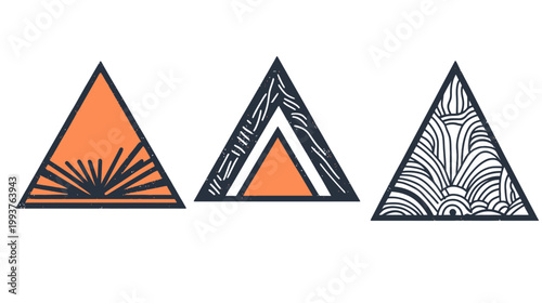 Three minimalist triangles featuring diverse internal designs sunburst, abstract shapes, and curved lines