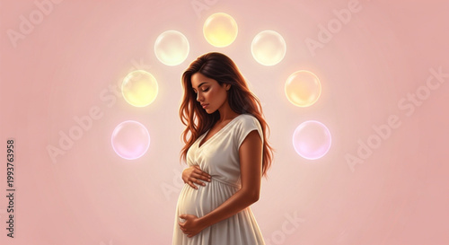 Pregnant woman in white dress happiness.